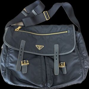 Made in Italy Prada Shoulder and Crossbody Bag Nylon Blue Gold Hardware